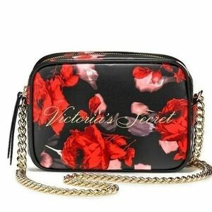 Victoria's Secret Black Crossbody Bag with Red Floral Print & Gold Chain